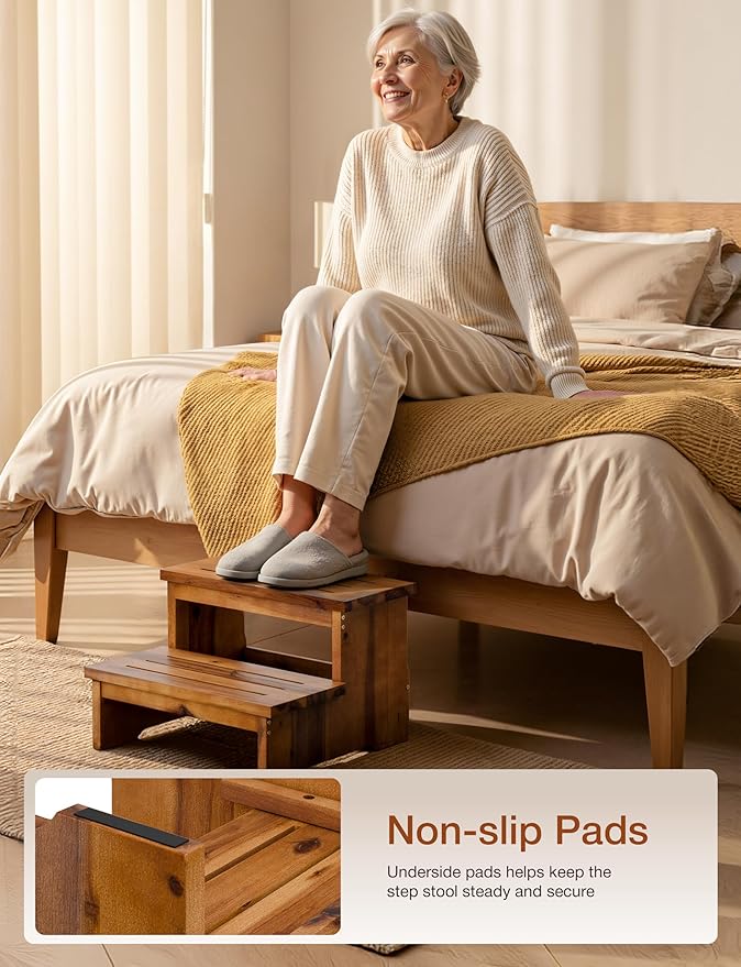 TINAMO 16.5" Long Step Stool for Adult - Acacia Wood Two Step Stool 500 Lbs - Wooden Riser 2-Step Spa & Hot Tub Stairs for Pool - Heavy Duty 2 Step Stools for Bed, Kitchen (Patent Pending)