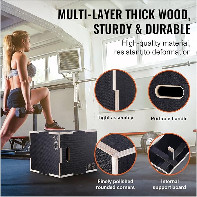 Plyometric Jump Box 3-in-1, 20/18/16 Inch Wooden Plyo Box for Fitness, Agility Training, Step Up Platform - Home Gym Equipment, Black