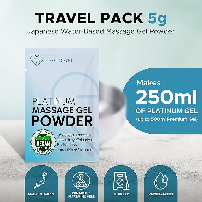 Premium Massage Gel Powder | Made in Japan | Paraben & Glycerine Free | 5g Travel Sachet Makes 16.9 fl oz