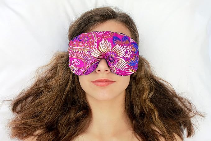 Handmade Opulence Yoga Eye Pillow - Weighted Flaxseed Fill, Lavender Aromatherapy, Satin & Velvet, Adjustable Strap - Ideal for Meditation & Restful Sleep - Fuchsia Garden - TEMFL-FG