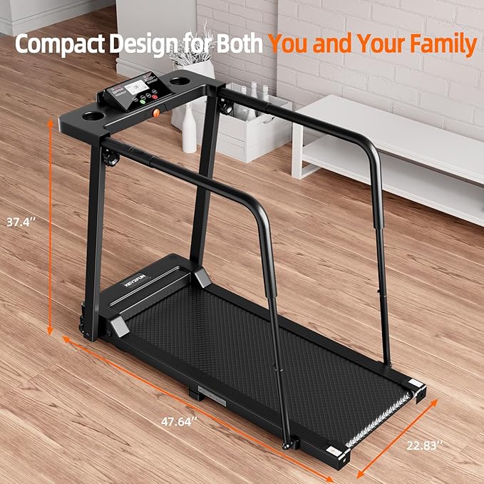 Walking Treadmill with Long Handrail for Balance, Recovery Fitness Exercise Machine, Treadmills for Home with Holder for Phone & Cup, 300 lbs Capacity, with LCD Display