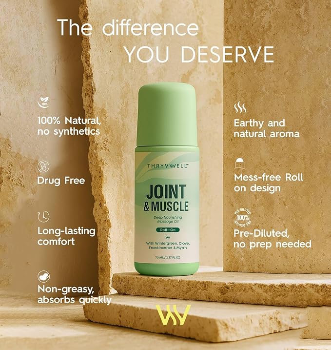 Joint & Muscle Deep Nourishing Oil Roll-On – Non-Greasy, 100% Natural with Essential Oils: Wintergreen, Peppermint, Frankincense, Myrrh, Clove, Lavender & More – 2.37 oz Travel Size