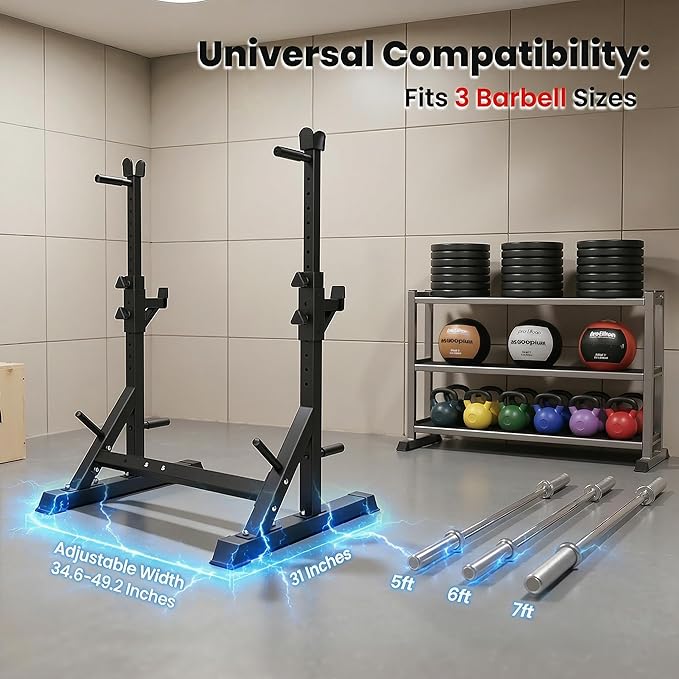 Adjustable Bench Press Rack Stand, 700lbs Heavy Duty Barbell Rack with Dip Station and Push Up Handles, Width Adjustable for 6ft 7ft 8ft Bars - Home Gym Strength Training Infrastructure
