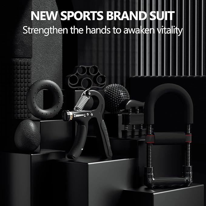 Hand Grip Strengthener Kit - Ultimate Hand Exerciser Set for Forearm Workout, Adjustable Grip Strength Trainer, Stress Relief Ball, Exercise Ring, Training and Recovery (Frosted Black)