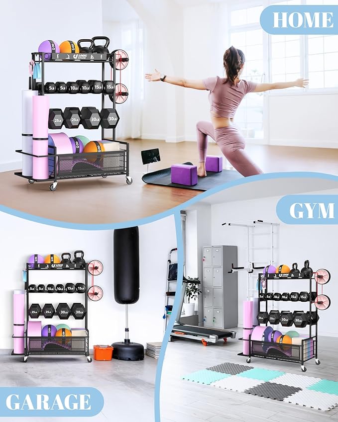 Dumbbell Rack Weight Storage Stand, Adjustable Weight Rack with Wheels, Metal Workout Equipment Storage Organizer, Home Gym Storage Organizer for Dumbbells, Kettlebells, Yoga Mat, Foam Roller