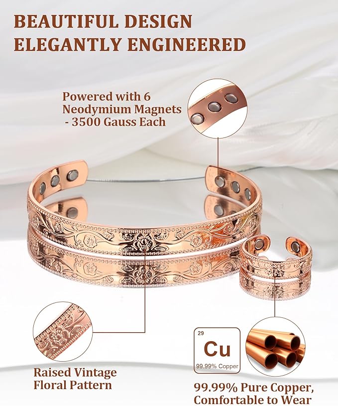BioMag Women's Lymphatic Drainage Ring & Copper Bracelet, 99.99% Pure Copper Magnetic Bracelet & Ring with Built-in 3500 Gauss Magnets, Adjustable Size, Floral Vine Pattern