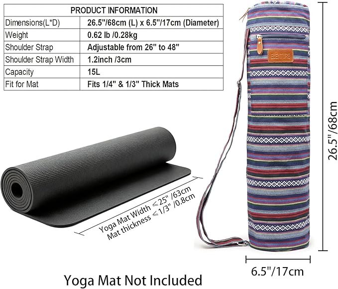 Canvas Yoga Mat Bag with Adjustable Strap & Pockets, Full-Zip Travel Gym Tote for Women & Men, Fits 1/4" & 1/3" Thick Mats, Lightweight Carrier for Yoga, Studio, Workout, Outdoor Use