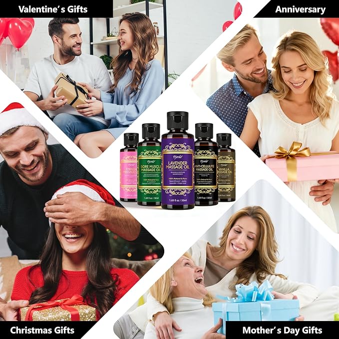 5 Pack Massage Oil for Massage Therapy, Lavender, Vanilla, Sore Muscle, Syringa & Anti Cellulite Massage Oil Kit for Relaxing Muscle & Soothing The Body, Home Spa Gifts for Her Him