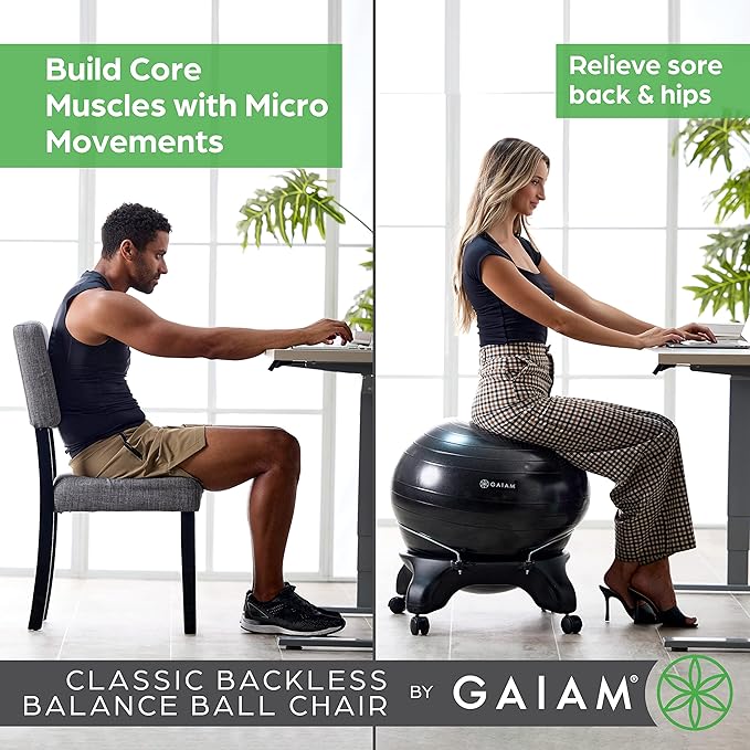 Gaiam Classic Backless Balance Ball Chair – Exercise Stability Yoga Ball Premium Ergonomic Chair for Home and Office Desk with Air Pump, Exercise Guide and Satisfaction Guarantee, Charcoal