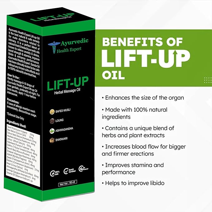 Lift-up 50ml | 100% Pure & Natural Herbal Massage Oil for Men | Boosts Strength, Stamina & Vitality | Chemical-Free Ayurvedic Formula