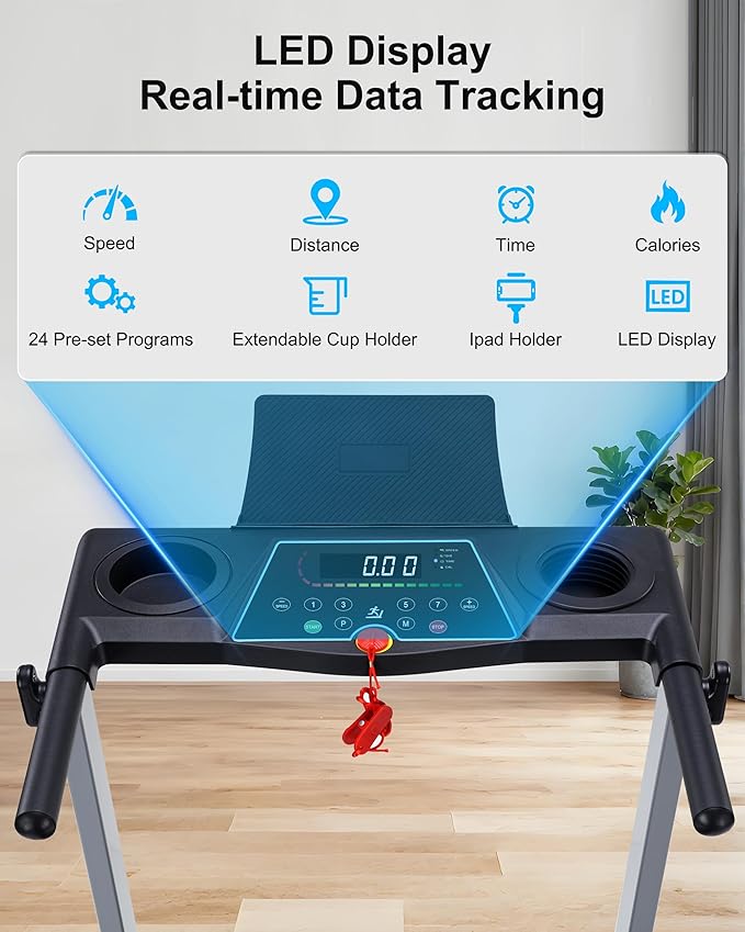 Incline Treadmill with Handles, Portable Small Folding Treadmill for Home Office, Walking Pad with 300 LBS Capacity, 24 Preset Programs, LED Display, Extendable Cup Holder
