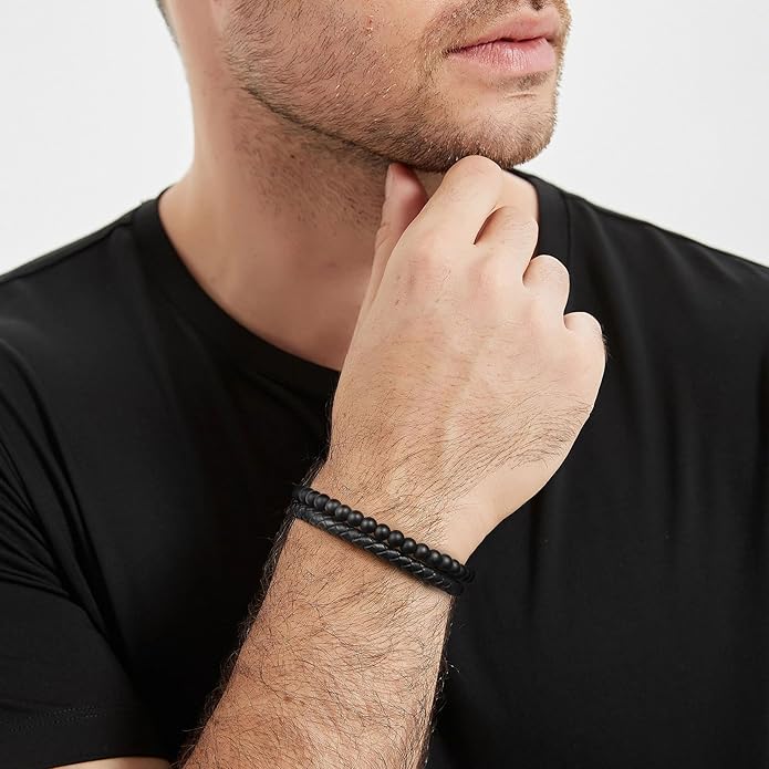 LUXEJEW Gifts for Men - Beaded Leather Bracelet 6mm Matte Agate Stone Bracelets for Men Dad Son Husband Boyfriend Grandpa Grandson Brother Uncle Nephew Adjustable Magnetic Clasp