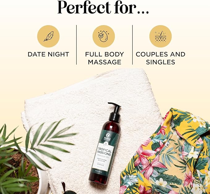 Alluring Lavender & Tropical Passions Massage Oil Set - Aromatherapy Full Body Massage Oil for Couples Bundle with Naturally Scented Vegan Non GMO & Gluten Free Ingredients (8 Fl Oz Each)