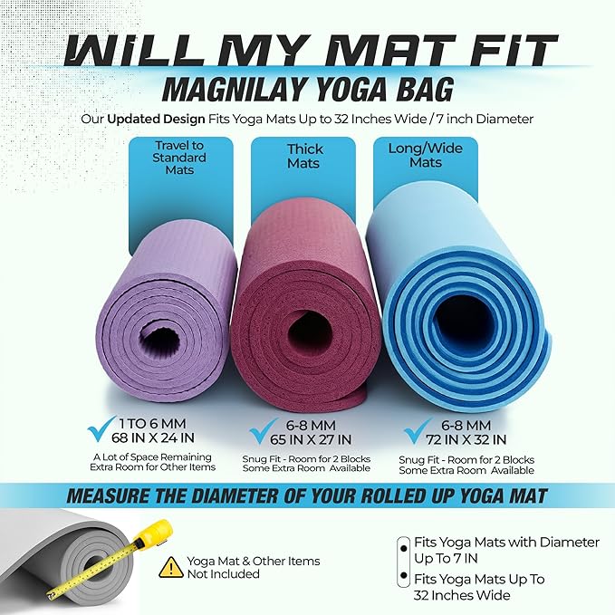 MAGNILAY Yoga Mat Bag - for Women and Men, Yoga Mat Carrier, Fits Mats Blocks and Accessories for Workouts, (32”L)
