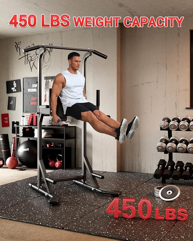 Power Tower, Heavy Duty Pull Up Bar 450LB Capacity, Multi-Functional Dip Station Adjustable Height, Strength Training Equipment Full Body for Home Gym, Pull-Ups, Dips & Leg Raises, Carbon Steel