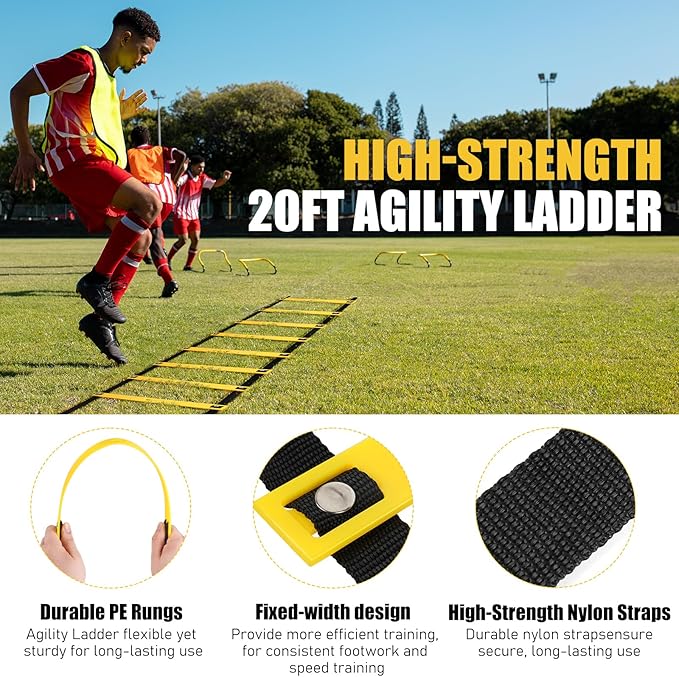 Agility Speed Training Equipment Set, Football Practise Set with 20ft Agility Ladder, 12 Cones, 4 Adjustable Hurdles, Jump Rope, for Basketball, Soccer Training, Football, Kids, Youth, Adults