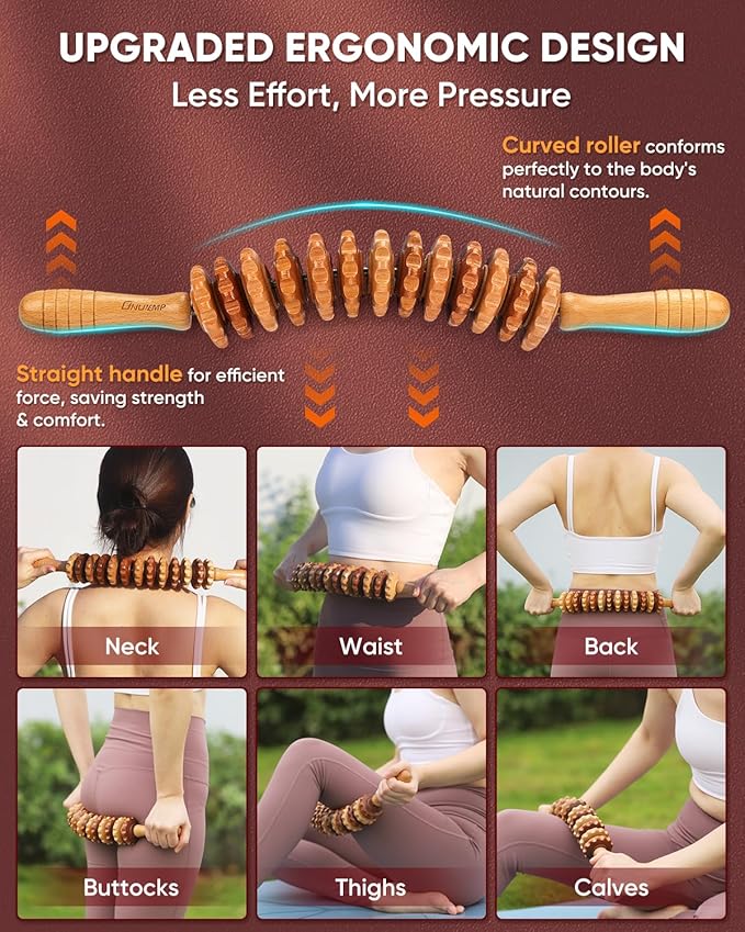 ONUEMP Cellulite Roller for Legs, Wood Therapy Massage Tools Maderoterapia Kit, Muscle Roller Stick Fascia Massager, Lymphatic Drainage & Body Sculpting for Thigh Butt Stomach Waist Back, Curved