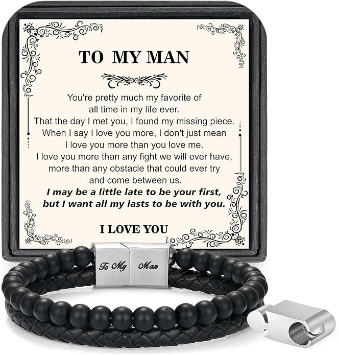 LUXEJEW Gifts for Men - Beaded Leather Bracelet 6mm Matte Agate Stone Bracelets for Men Dad Son Husband Boyfriend Grandpa Grandson Brother Uncle Nephew Adjustable Magnetic Clasp