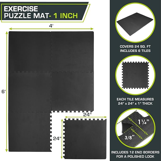 ProsourceFit Weaved Pattern Extra Thick Exercise Puzzle Mat 1-inch, EVA Foam Interlocking Tiles for Protective, Cushioned Flooring for Home and Gym Equipment; Black, 24 SQ FT, 6 Tiles
