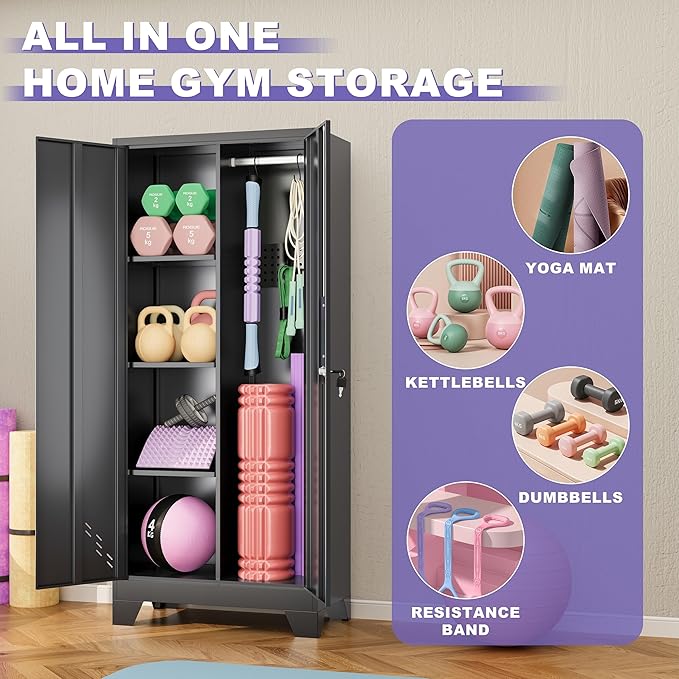 61IN Dumbbell Rack Cabinet, Weight Rack for Dumbbells, Home Gym Storage Cabinet for Kettlebells Yoga Mat and Balls, Workout Equipment Storage Organizer with Doors