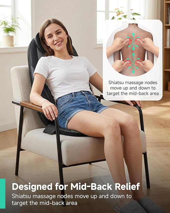 Snailax Shiatsu Back Massager with Heat Massage Chair Pad Kneading Back Massager for Pain Relief Deep Tissue Chair Massage Pad for Office Home