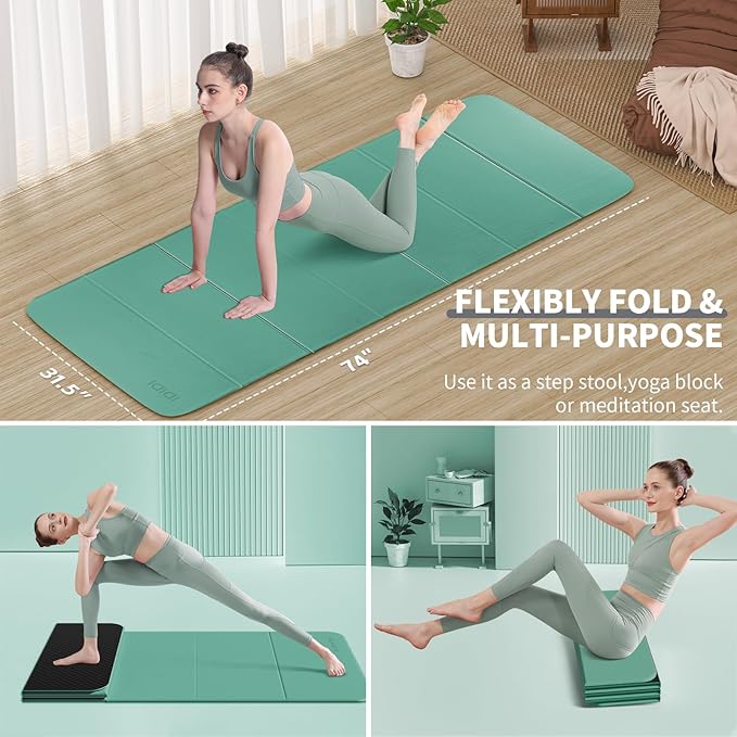 Foldable Yoga Mat Extra Thick & Large (74" x 31.5" x 0.32"), Double-Sided Non Slip & Lightweight Fitness Mat, 8mm Thick Wide Exercise Mats for Woman Man Kids, Portable Workout Mats for Travel, Studio or Home Use