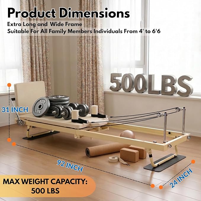 92" 3RD Gen Extended Pilates Reformer, Foldable Pilates Machine with Yoga Ring & Headrest, Jumpboard, Dual Resistance Springs, Pilates Equipment for Home Workout, up to 500 lbs