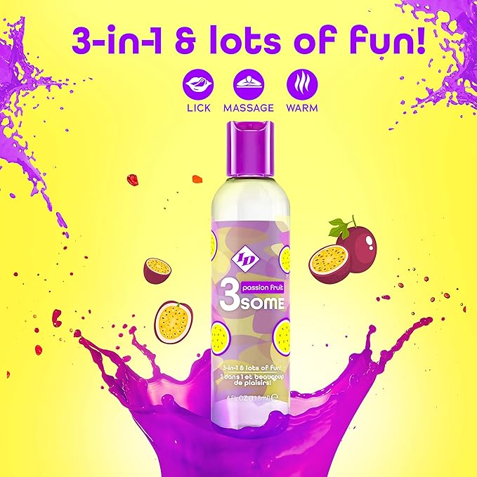 ID Lubricants 3some Flavored Sensual Massage – Passion Fruit Oral Delight & Warming Fun for Couples Pleasure - 4 fl oz 3in1 Sensual Massage Lube