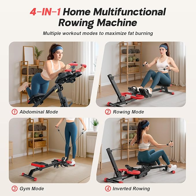 WARMOUNTS Ab Machine, 4 in 1 Foldable Rowing Machine Full Body Workout for Home Gym, Ab Workout Machine with 4 Adjustable Handle & LCD Monitor