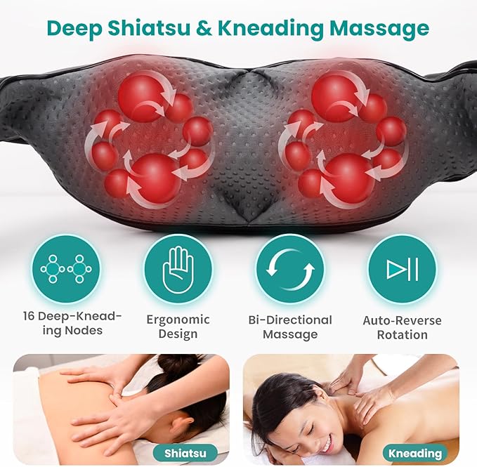 Nekteck Shiatsu Neck Massager with Heat for Pain Relief Deep Tissue, 2026 Upgraded 3D Back Shoulder Kneading Massage Pillow, Body Muscle Relaxation Tools Gifts for Him Her, Black (NOT Cordless)