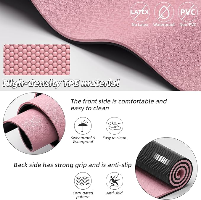 Large Yoga Mat 76"x 40"x10mm (2/5 inch) – Extra Thick & Wide, TPE Fitness Mat, Printed Non-Slip Exercise Mat with Carrying Strap for Men & Women, Pilates, Stretching, Fitness & Workout