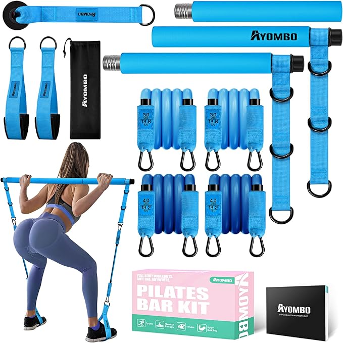 Pilates Bar Kit with Resistance Bands, Pilates Workout Equipment for Legs, Hip, Waist, Arm, Squats Exercise Equipment for Home Workouts, Adjustable 3-Section Pilates Bar Kit for Women & Men