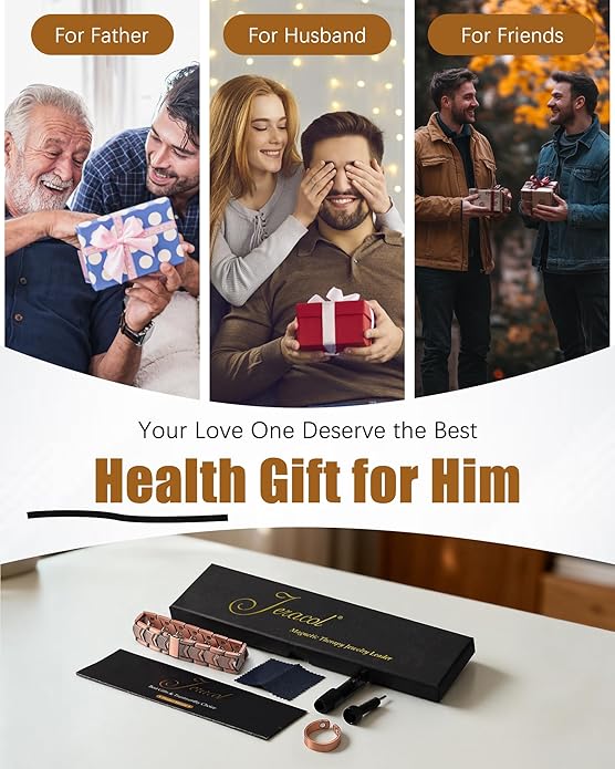 3X Strength Magnetic Copper Bracelet for Men - 99.9% Pure Copper Bracelet & Ring Set - Premium Fold-Over Clasp and Adjustable Length Sizing Tool & Jewelry Box