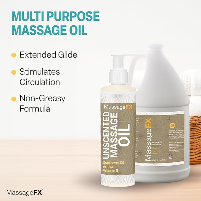Massage Oil by Massage FX - 100% Pure Sweet Almond & Sunflower Seed Oil - Vitamin E - Ivy, Arnica & Aloe - Unscented - Perfect for a Full Body Massage, Maximum Friction - Paraben Free - 1 Gallon