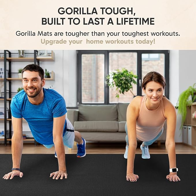 Gorilla Mats Large Exercise Mat – 6'x4', 7'x4', 7'x5', 8'x4', 10'x4' (1/4" Thick) – Ultra Durable Workout Mat for Home Gym Flooring – Non-Slip, Flat Fitness, Yoga & Weight Lifting Floor Mat