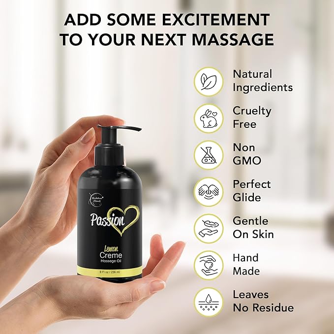 Passion Massage Oil for Date Night | 100% Natural Body Oil for Couples with Jojoba & Almond | Aromatherapy & Relaxing Massage Therapy | Valentines Day Gifts for Her | Lemon Crème Scent