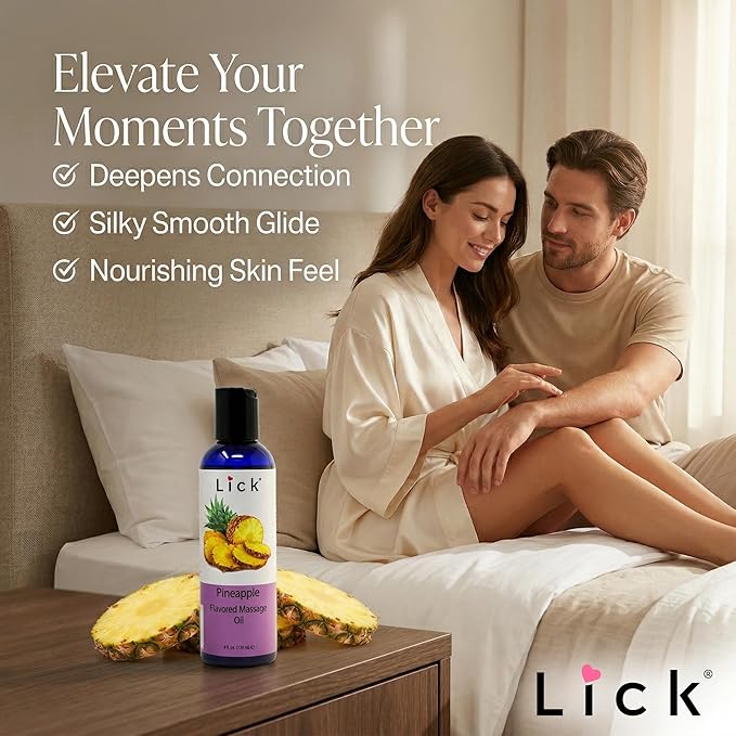 Lick Pineapple Flavored Massage Oil – Sweet Tropical Edible Massage Oil with Vitamin E, Smooth Body-Safe Glide for Couples Massage & Sensory Date Nights, 4 oz