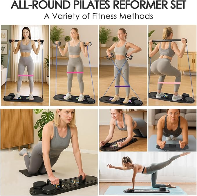 Pilates Board for Home Workout,Foldable Multifunctional Pilates Reformer Set with Timer,Resistance Bands & Storage Bag,Portable Pilates Equipment for Abs,Core & Full-Body Exercise