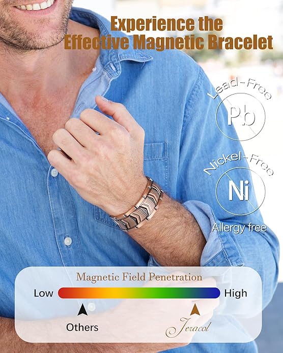 3X Strength Magnetic Copper Bracelet for Men - 99.9% Pure Copper Bracelet & Ring Set - Premium Fold-Over Clasp and Adjustable Length Sizing Tool & Jewelry Box
