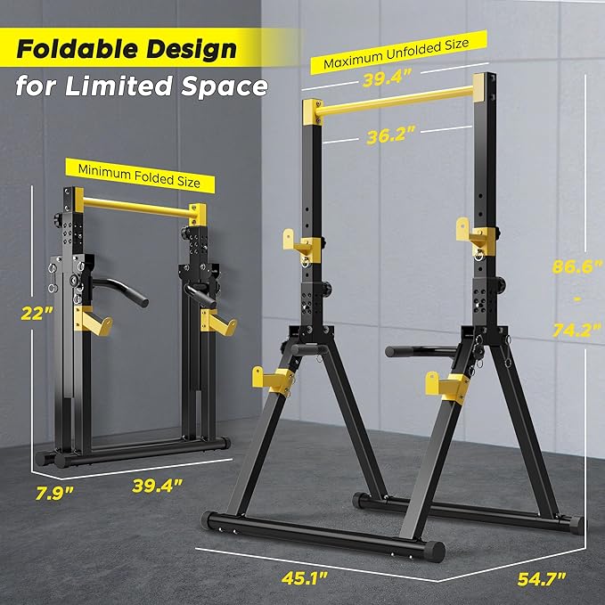 DlandHome Foldable Power Tower Pull Up Bar Dip Station, Adjustable Height Multifunction Workout Pull Up Tower Station for Home Gym, Strength Training Equipment, Triangular Legs, Up to 330lbs