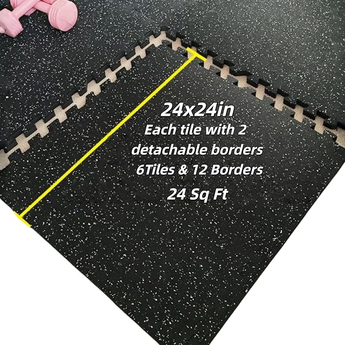 Interlocking Rubber Gym Mats 24 Sq Ft Heavy Duty Exercise Flooring for Home Gym, Weightlifting, Yoga, Playroom - Dual-Layer Non-Slip Noise Reducing Floor Protection Tiles
