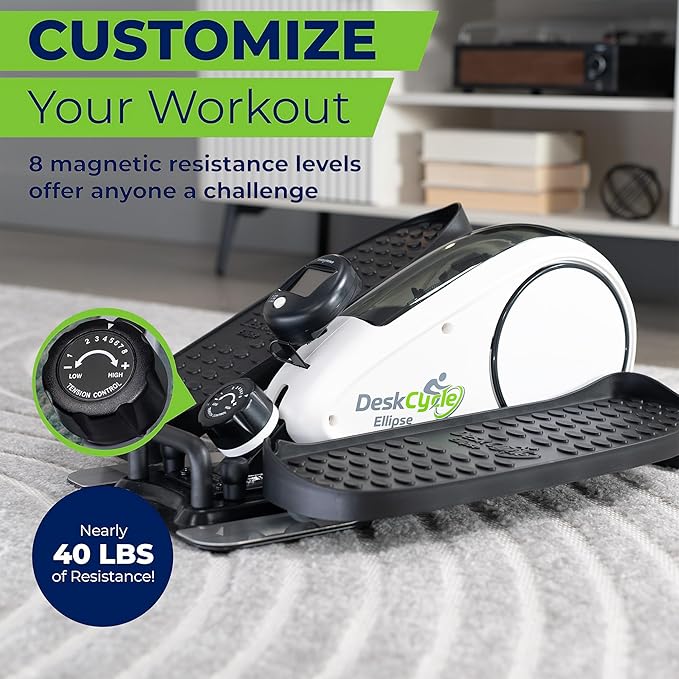 DeskCycle Under Desk Elliptical Machine up to 40 lbs Magnetic Resistance Foot Pedaler, Ultra-Smooth & Silent Seated Leg Exerciser, Heavy Duty Non-Sliding Steel Frame