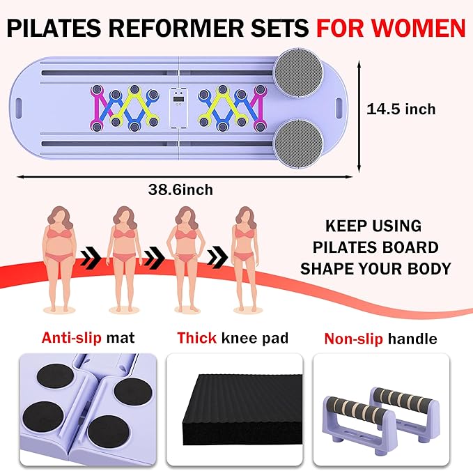 Pilates Board - Mini Pilates Reformer, Portable Pilates Reformer Board for Home Workout, Foldable Multifunctional Pilates Slider Board with with App Counter Included