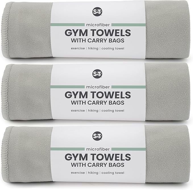 S&T INC. Gym Travel Towel, 3 Pack, Cooling Towels for Camping, Yoga, Home and Gym Bag, 3 Storage Bags Included, 12 Inch x 40 Inch, Microfiber, Grey