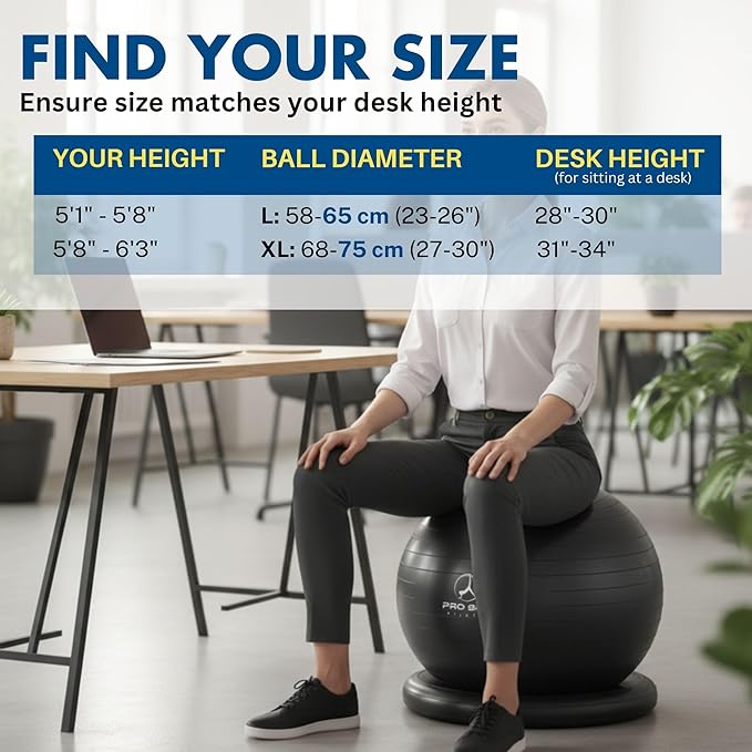 ProBody Pilates Yoga Ball Chair, Exercise Ball Chair with Base or Stand for Home Office Desk Sitting or Workout, Balance Ball & Stability Ball Seat for Back, abs
