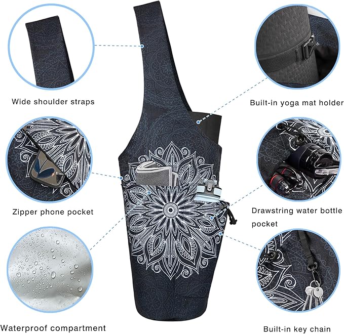 Yoga Mat Bag - Large Opening Long Tote Yoga Mat Carrier Holder Bag with Waterproof Wet Zipper Pocket and Drawstring Water Bottle Pocket - Yoga Bag Fit Most Size Mats