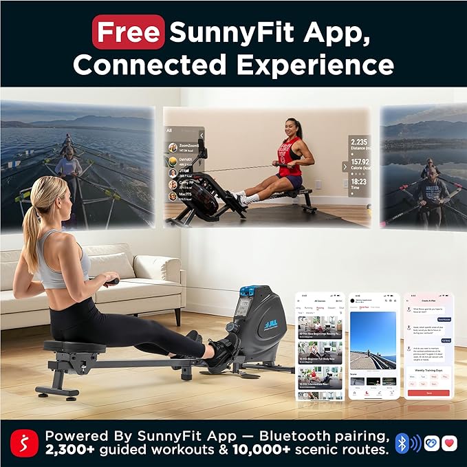 JLL Magnetic Rowing Machine – Foldable Rower for Apartments & Home Gyms, 16 Resistance Levels, Bluetooth with SunnyFit App, Easy-Glide Wheels, Tilt-to-Store Upright Design