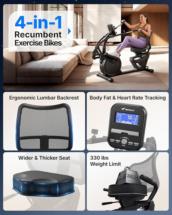 MERACH Recumbent Exercise Bikes for home, Light Commercial High-end Recumbent Bike for Seniors Adults, Magnetic Recumbent Exercise Bike with Smart Bluetooth and Exclusive App, LCD, Heart Rate Handle
