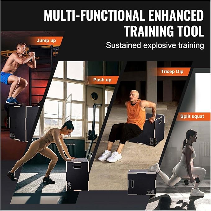 Plyometric Jump Box 3-in-1, 24/20/16 Inch Wood Plyo Box, Fitness Step Platform, Agility Training Box - Home Gym, Strength & Conditioning, Black