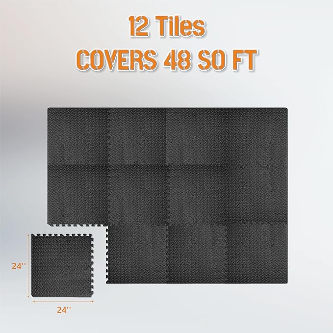 GWT Home Gym Flooring Tiles, EVA Interlocking Puzzle Exercise Mat for Workout Equipment, Floor Protection & Kids Play Area, Black Foam Tiles, 24"x24", 0.4 Inches Thick Covers 48 Sq Ft (12 Tiles)